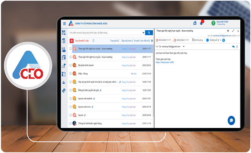 điểm nổi bật trên phân hệ email công việc aceo
